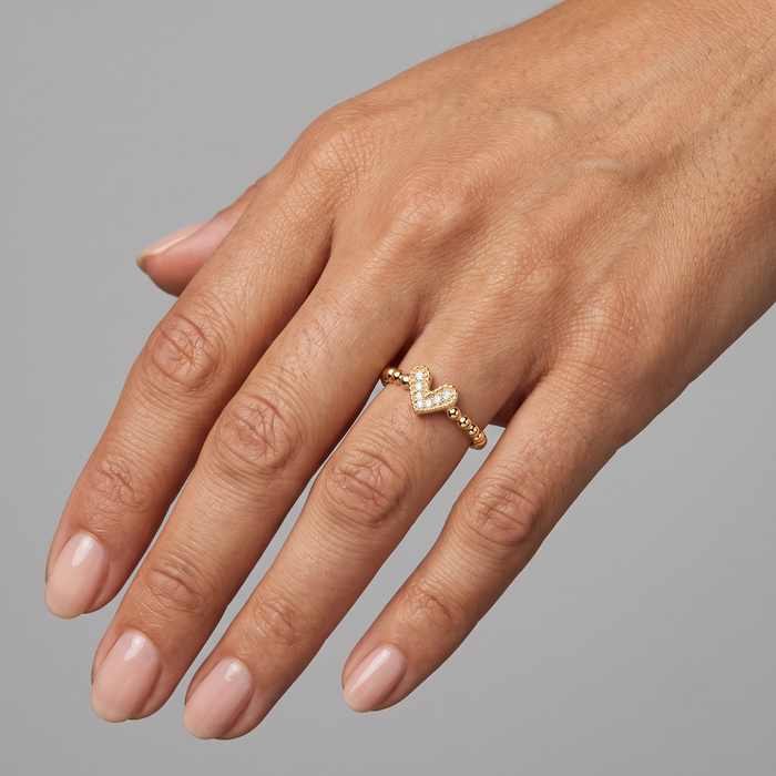 Round Diamond Heart Beaded Ring in 14K Gold
