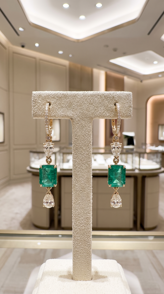 Emerald Elegance 14K (or 18k upon request) Yellow Gold Diamond Drop Earrings
