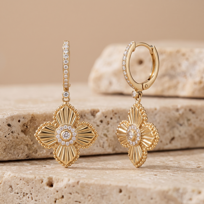 Radiant Clover 14K (or 18k upon request) Yellow Gold Diamond Drop Earrings