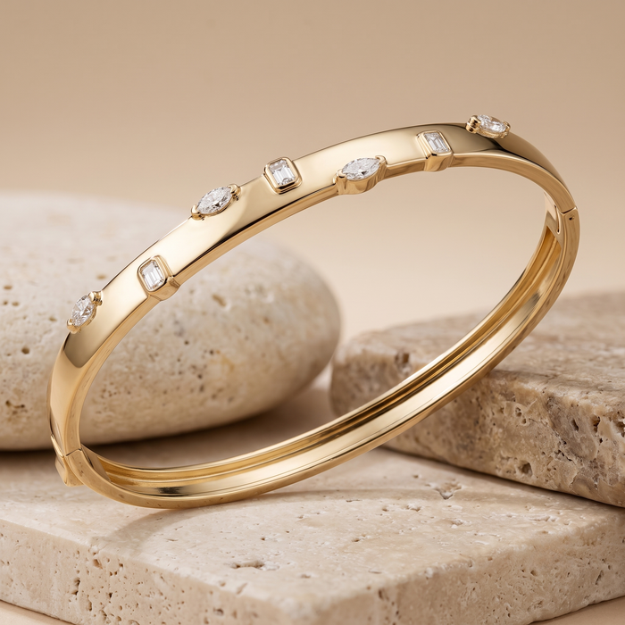 Mixed Shape Diamond Accent Bangle Bracelet in 14K Yellow Gold
