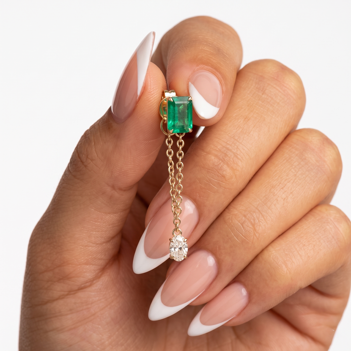 Emerald Drop Oval Diamond Chain Earrings in 14K Yellow Gold