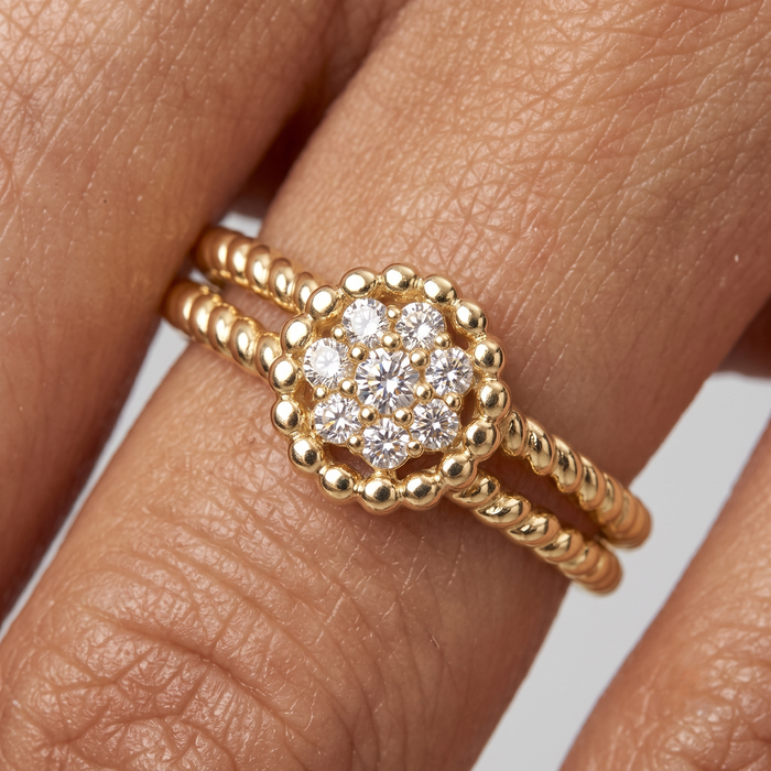 Round Diamond Pave Set Cluster Beaded Ring in 14K Gold