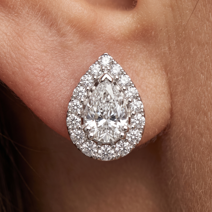 Teardrop Halo Diamond Stud Earrings in 18K White Gold