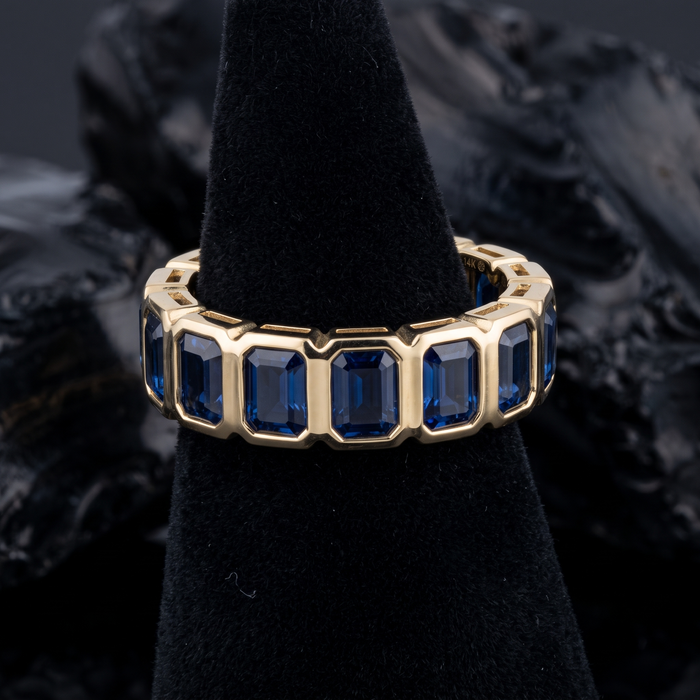 Royal Blue Emerald-Cut Sapphire Eternity Band Ring in 14K Yellow Gold