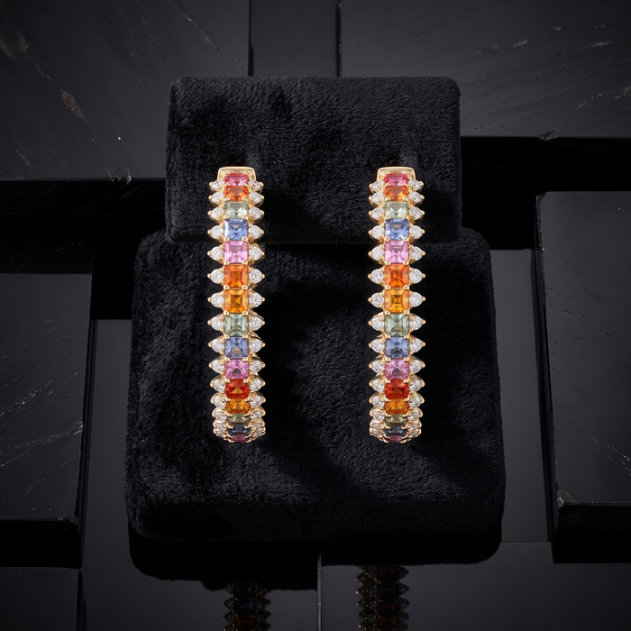 Rainbow Sapphire Pave Hoop Earrings in 14K Yellow Gold