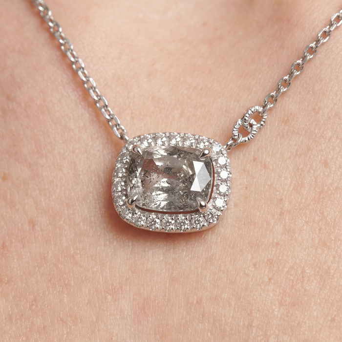 Cushion Cut Diamond Halo Pendant Necklace in 14K Gold