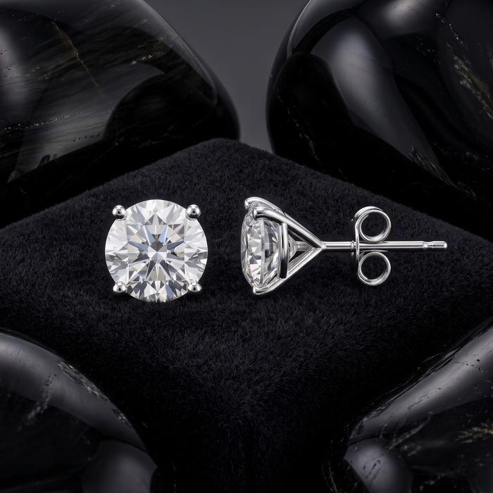 Three Prong Martini Push Back Diamond Stud Earrings in 14K Gold