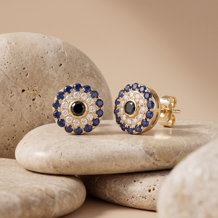 Blue Sapphire Diamond Stud Earrings in 14K Yellow Gold