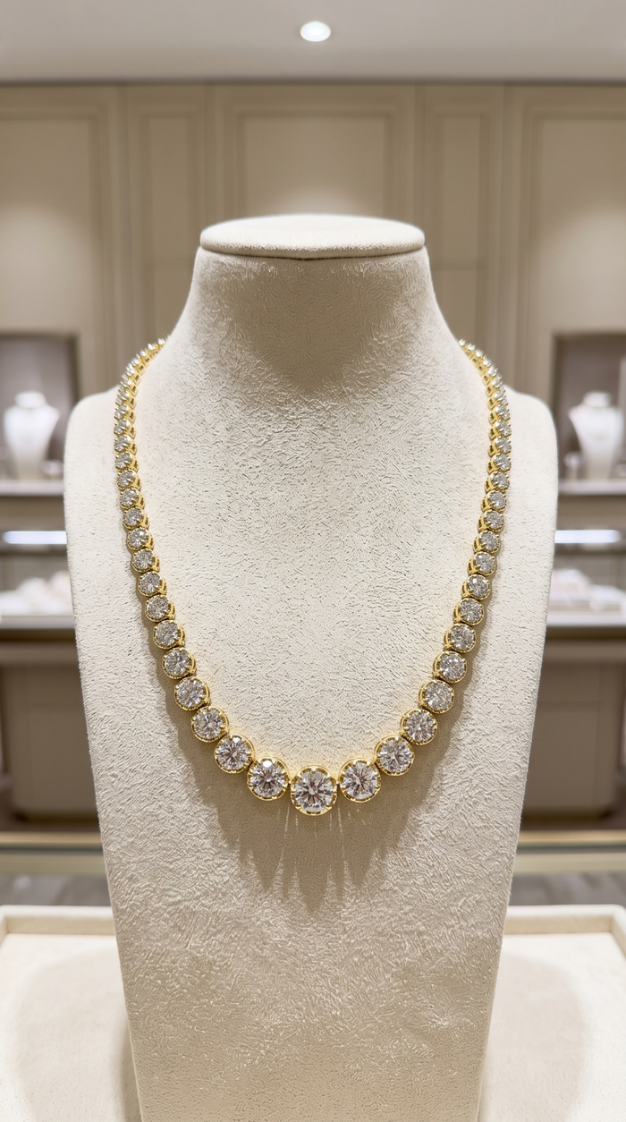 5ct Round Diamond 14K Gold Graduated Bezel Tennis Necklace
