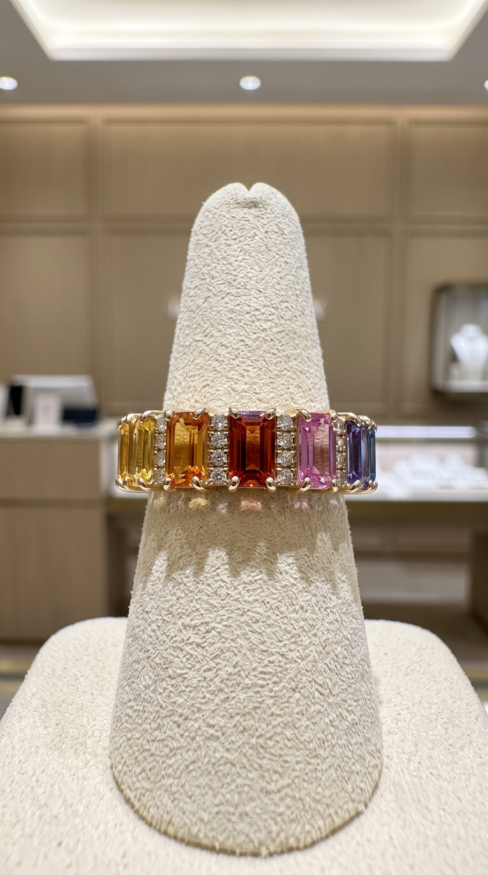 Elegant Multi-Color Sapphire & Diamond 14K Gold Band Ring