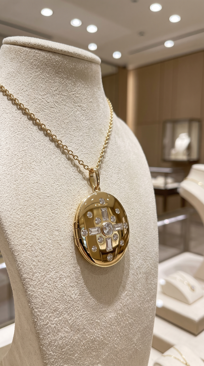 Celestial Cross Diamond Locket Necklace in 14K Yellow Gold