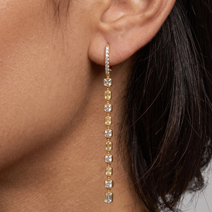 Asscher and Emerald Cut Diamond Delicate Modern Earrings in 18K Yellow Gold