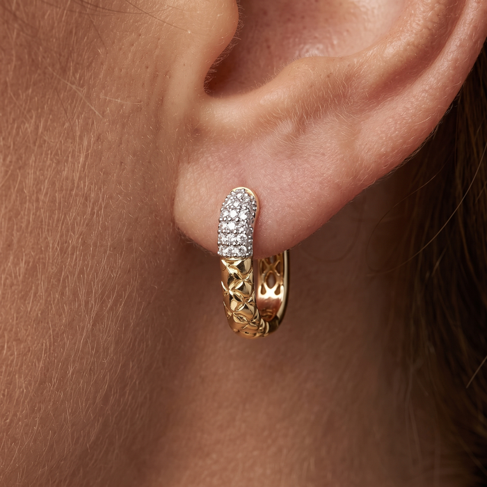 Two Tone Quilted Diamond Accent Earrings in 14K Yellow Gold
