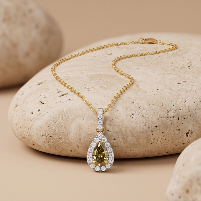 Pear Yellow Diamond Brilliant Halo Necklace in 14K Gold