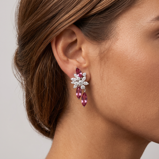Marquise Ruby Diamond Floral Drop Earrings in 18K White Gold