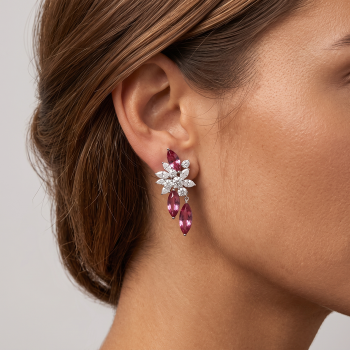 Marquise Ruby Diamond Floral Drop Earrings in 18K White Gold