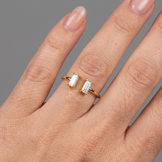 Twin Emerald Baguette Diamond Open Ring in 14K Gold