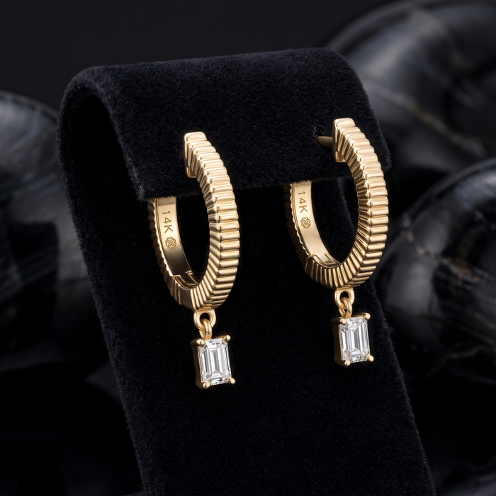 Emerald Cut Drop Charm Huggie Earrings in 14K Yellow Gold