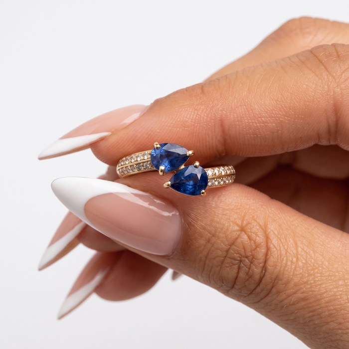 Dual Pear Blue Sapphire 14K Diamond Open Band Ring