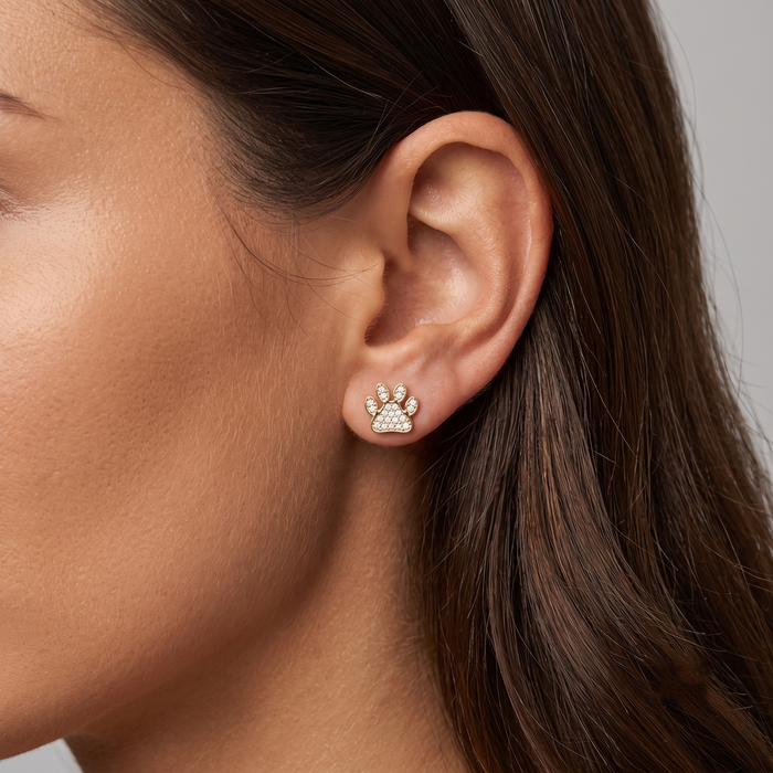 Pave Diamond Paw Stud Earrings in 14K Yellow Gold