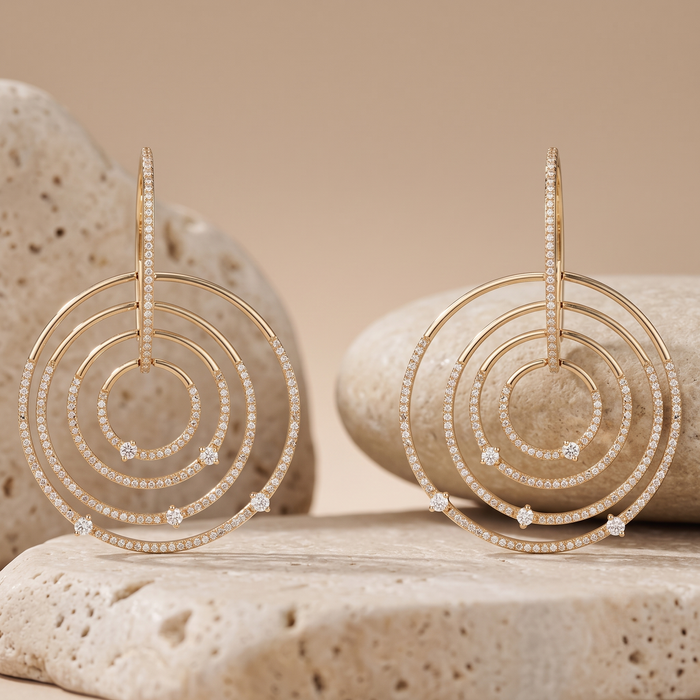 Concentric Circle Diamond 14K (or 18k upon request) Yellow Gold Drop Earrings