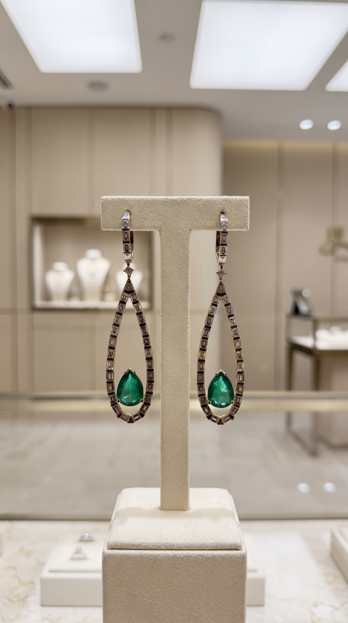 Green Emerald Drop Black Finish Earrings in 18K Yellow Gold