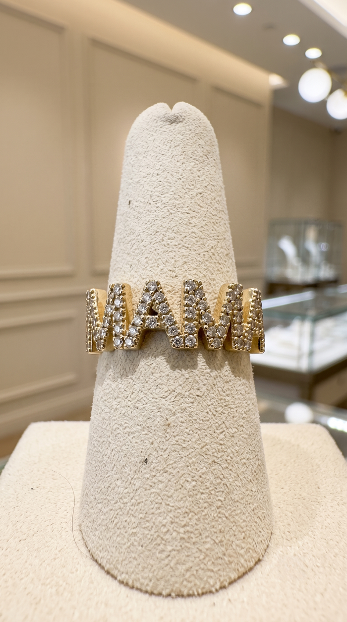 Diamond Encrusted Mama Ring in 14K Yellow Gold