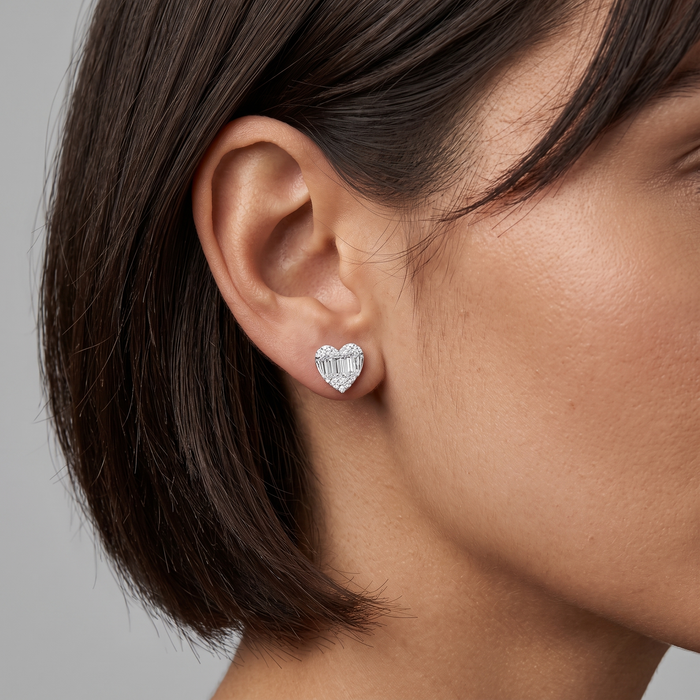 Heart Shape 20 Round Diamonds Earrings in 18K White Gold