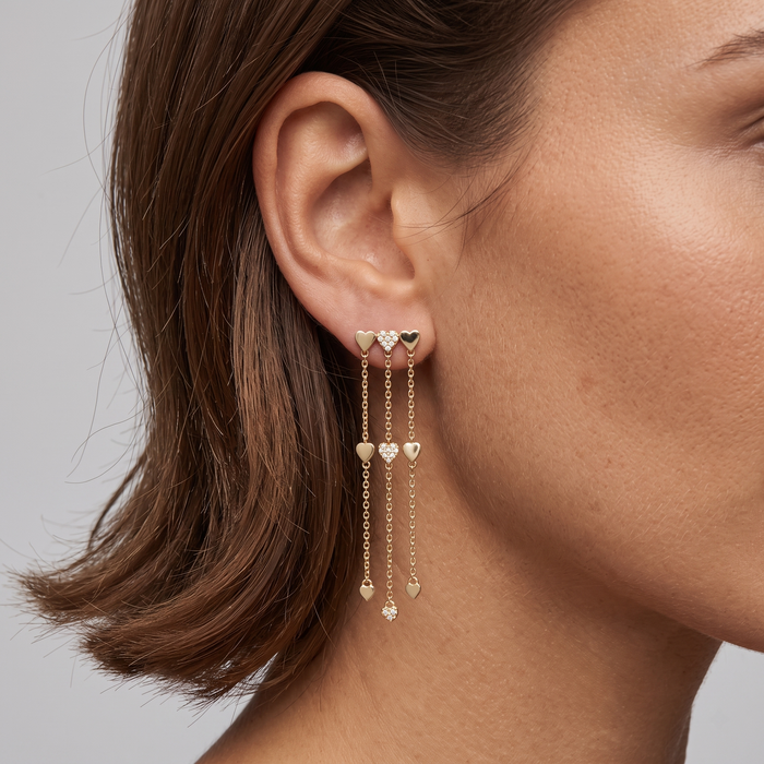 Triple Heart Dangle Diamond 14K (or 18k upon request) Yellow Gold Drop Earrings