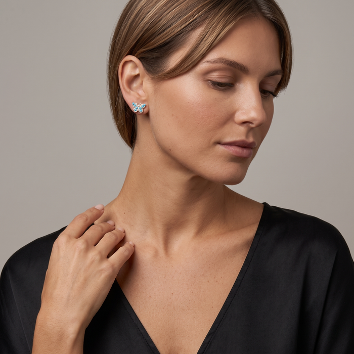 Turquoise Butterfly Diamond Accents Stud Earrings in 14K Yellow Gold