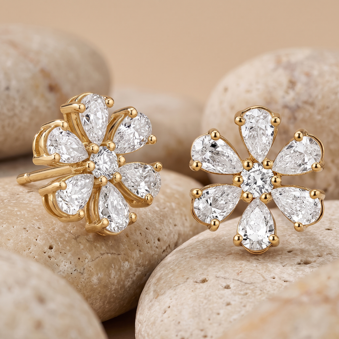 Pear Cut Flower Stud Earrings in 14K Yellow Gold