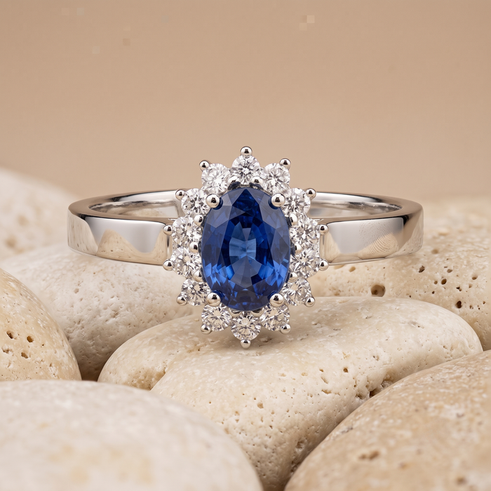 Oval Blue Sapphire 14K Diamond Cluster Ring
