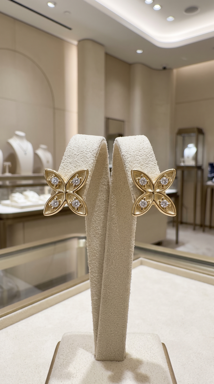 Floral Petal Diamond Stud Earrings in 14K Yellow Gold