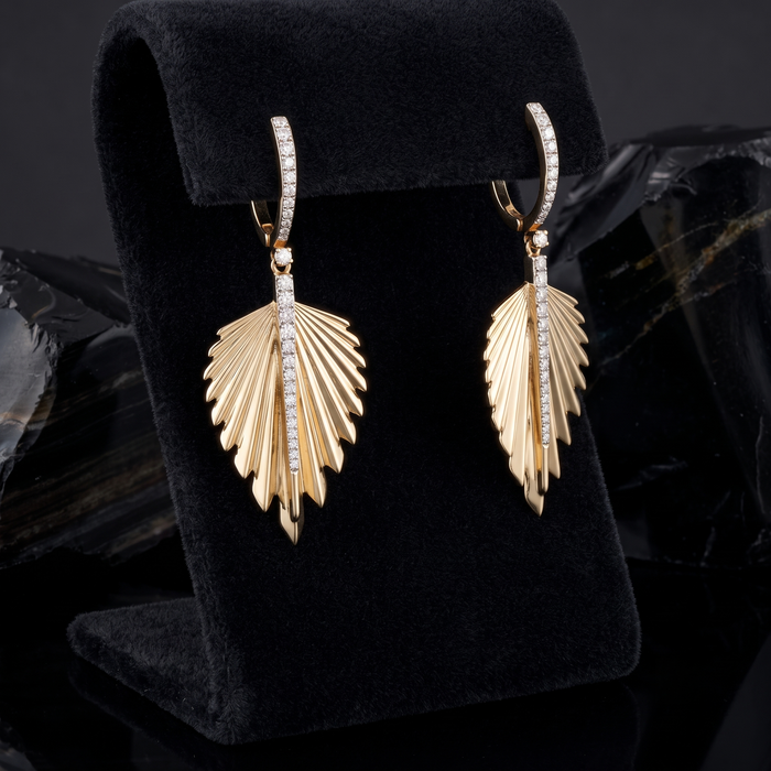 Radiant Leaf 14K (or 18k upon request) Yellow Gold Diamond Drop Earrings