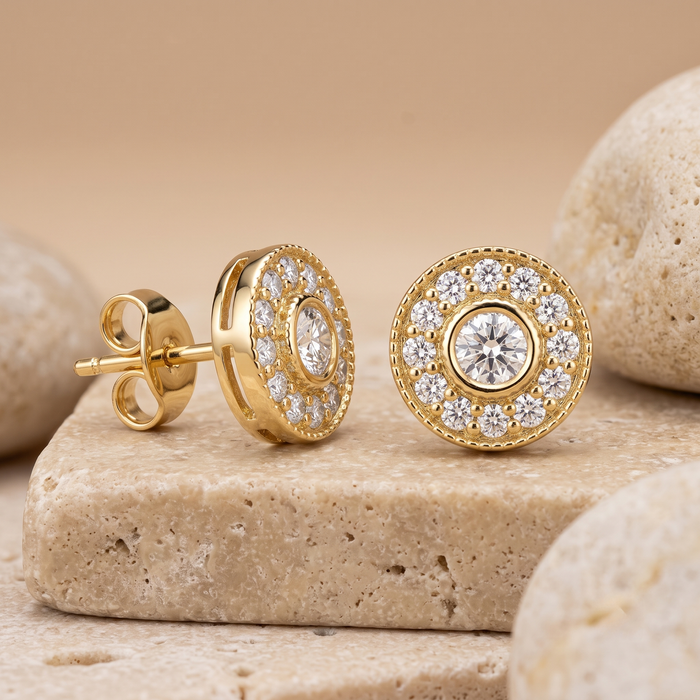 Round Diamonds Push Back Halo Stud Earrings in 14K Gold