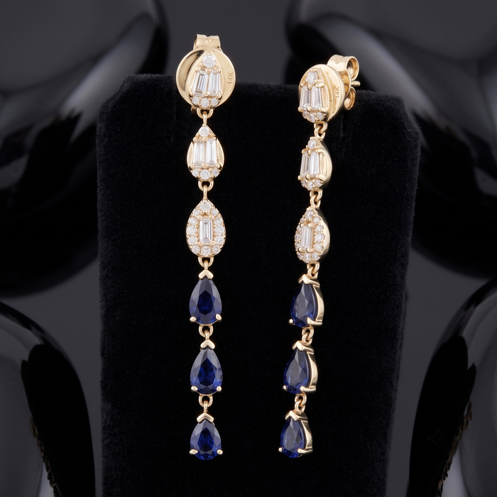 Baguette Diamond Sapphire Drop Cascade Earrings in 14K Yellow Gold