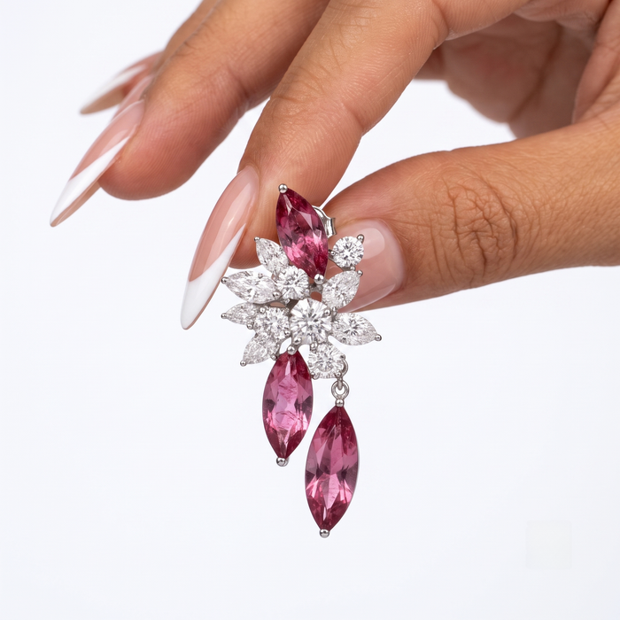 Marquise Ruby Diamond Floral Drop Earrings in 18K White Gold