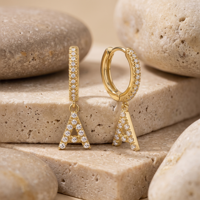 Pave Diamond Initial a Drop Earrings in 14K Yellow Gold