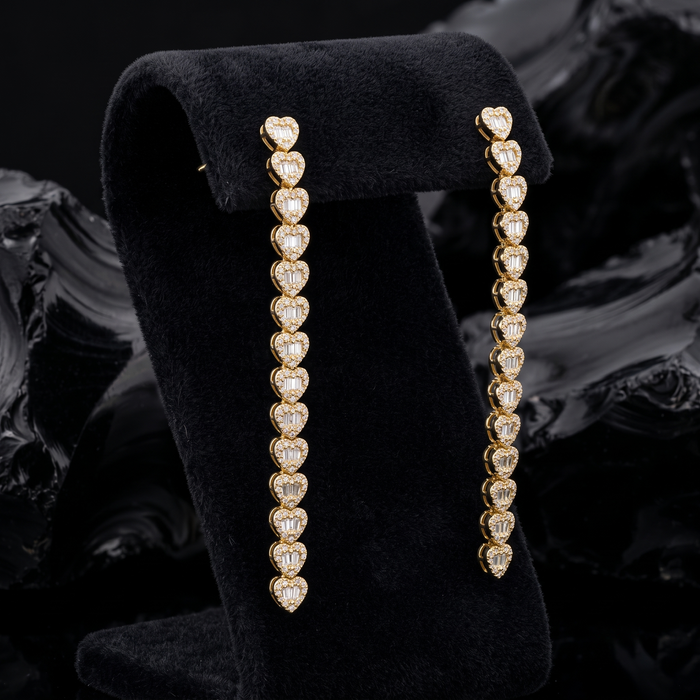 Heart Shaped Diamond Line Drop Earrings in 18K Yellow Gold