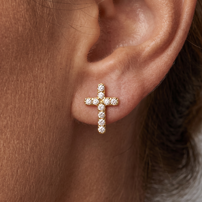 Cross Shape Diamond Stud Earrings in 14K Yellow Gold