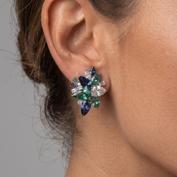 Multicolor Sapphire & Diamond 14K White Gold Floral Stud Earrings