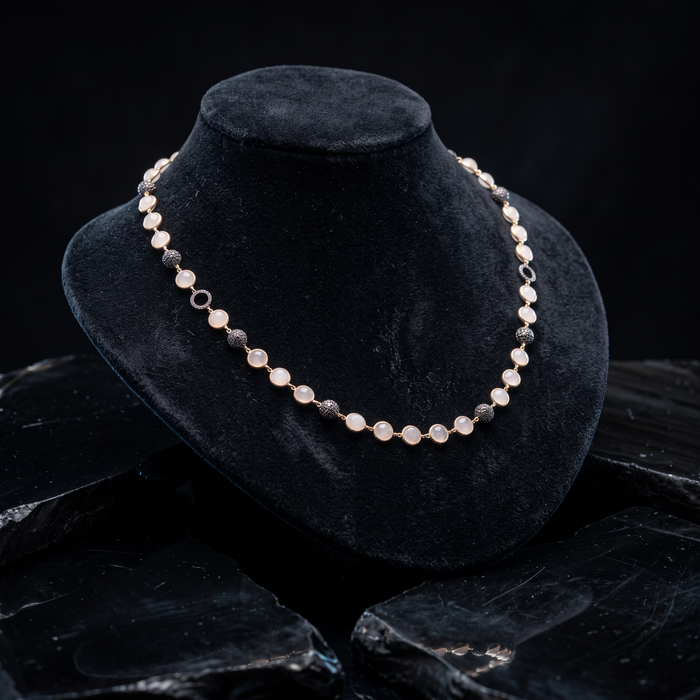 Black Diamond Pearl Station Necklace in 14K Yellow Gold