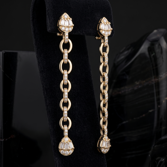 Teardrop Chain Link 14K (or 18k upon request) Yellow Gold Diamond Drop Earrings