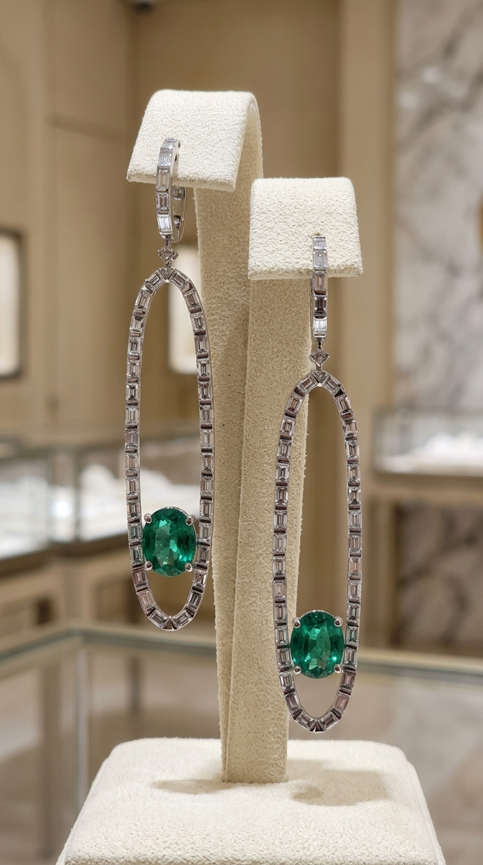 Blackened Oval Drop Green Emerald Earrings in 18K White Gold