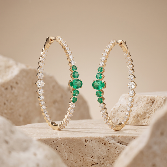 Emerald Eclipse Hoop Earrings in 14K Yellow Gold