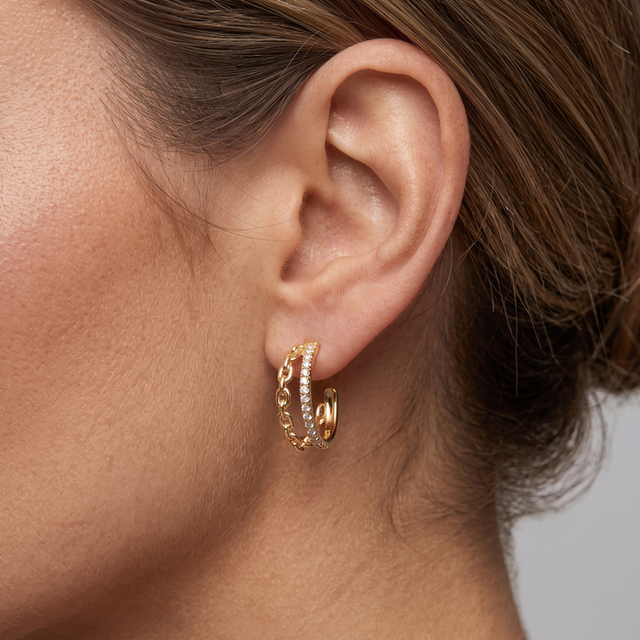 Chain Link Diamond Double Hoop Earrings in 14K Yellow Gold