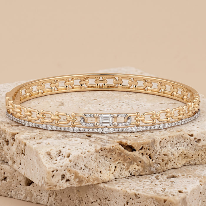 Baguette Chain Link Diamond Bangle Bracelet in 14K Gold