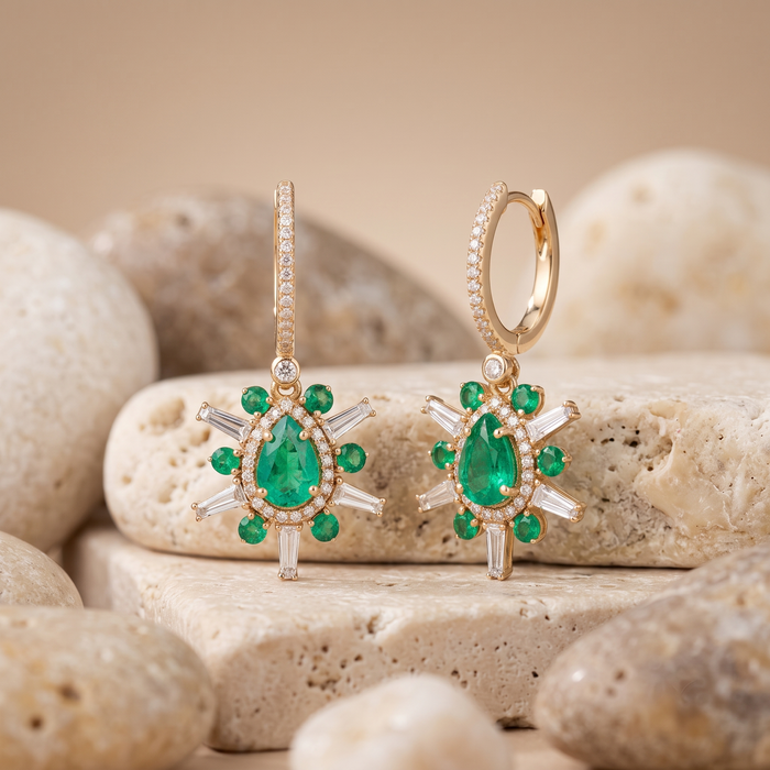 Baguette Ruby Diamond Drop Earrings in 14K Yellow Gold