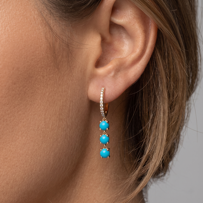 Turquoise Trio Drop Diamond Huggie Hoop Earrings in 14K Yellow Gold