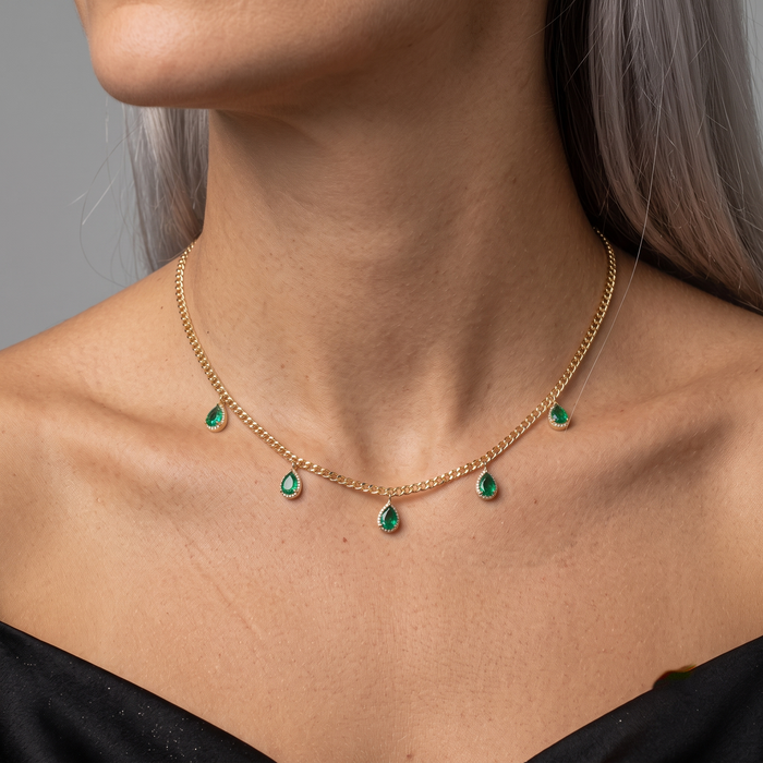 Emerald Teardrop Charms Chain Necklace in 14K Yellow Gold